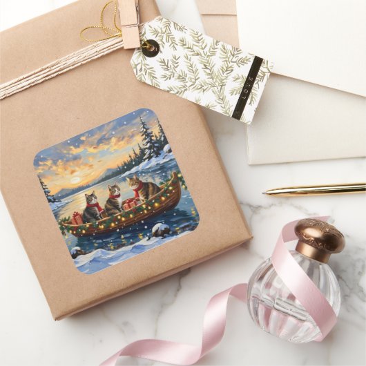 Maine Coon Cat Christmas Boat Holiday スクエアシール (ギフト)