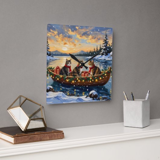 Maine Coon Cat Christmas Boat Holiday スクエア壁時計 (オフィス)