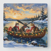 Maine Coon Cat Christmas Boat Holiday スクエア壁時計 (正面)