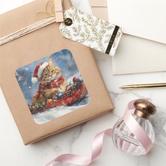Maine Coon Cat in Sledge Let it Snow Christmas スクエアシール (ギフト)