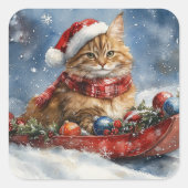 Maine Coon Cat in Sledge Let it Snow Christmas スクエアシール (正面)