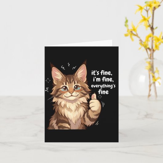 Maine Coon Cat Meme It's Fine I'm Fine Everything' カード (黄色い花)