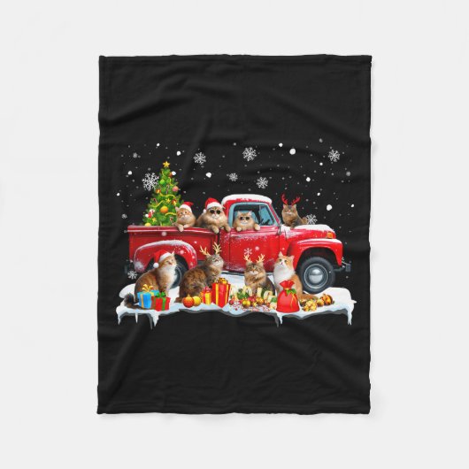 Maine Coon Cat Red Truck Christmas Tree Santa Ugly フリースブランケット (正面)