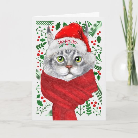 Maine Coon Cat Santa Hat Meowy Christmas シーズンカード (正面)
