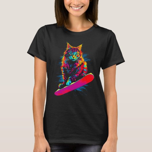Maine Coon Cat Snowboarding Tシャツ (正面)