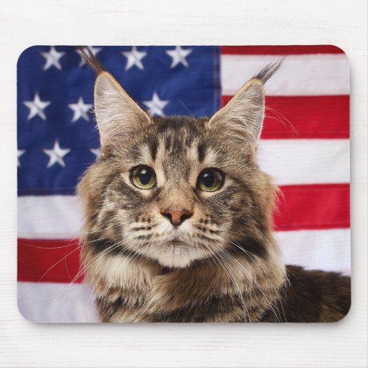 Maine Coon Cat With American Flag マウスパッド (正面)