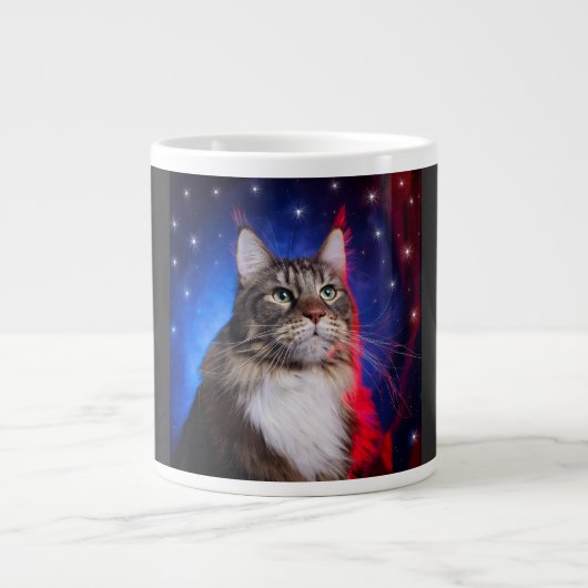 Maine Coon Cat With Red White Blue Aura And Stars ジャンボコーヒーマグカップ (正面)