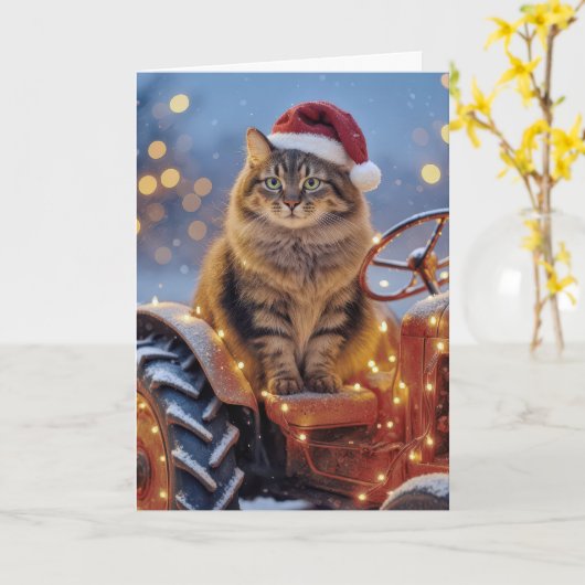 Maine Coon Christmas Cat On an Old Tractor カード (黄色い花)