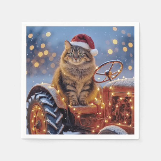 Maine Coon Christmas Cat On an Old Tractor スタンダードカクテルナプキン (正面)