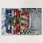 Maine Coon Christmas Red Truck Holiday ジグソーパズル (横)