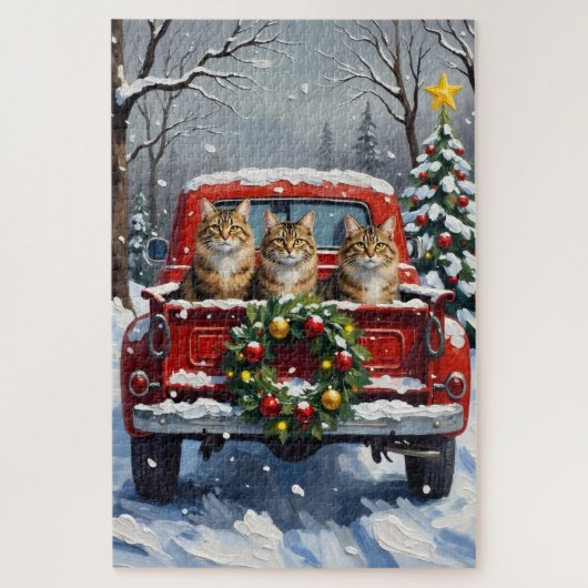 Maine Coon Christmas Red Truck Holiday ジグソーパズル (縦)