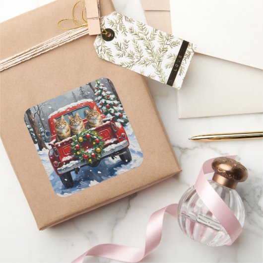 Maine Coon Christmas Red Truck Holiday スクエアシール (ギフト)