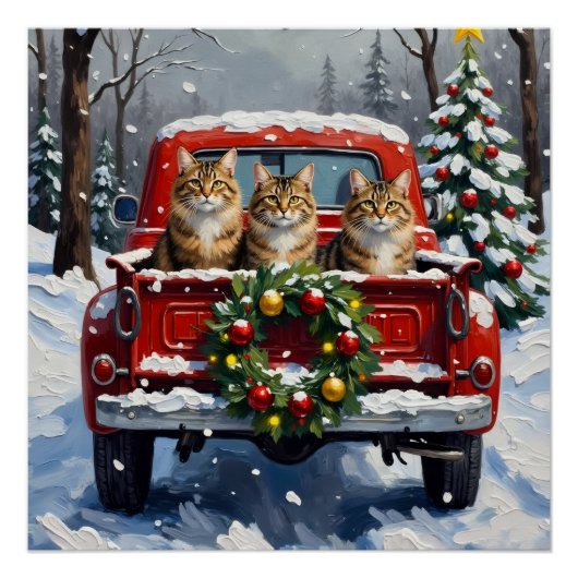 Maine Coon Christmas Red Truck Holiday ポスター (正面)