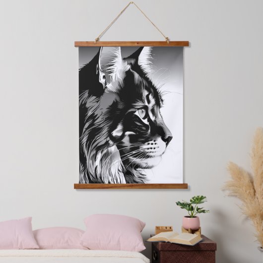 Maine Coon Tapestry: Black & White Cat Wall Hangin 吊り下げ型タペストリー (寝室)