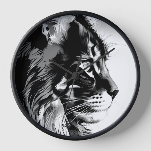 Maine Coon Wall Clock: Black & White Cat Home Deco 壁時計 (正面)