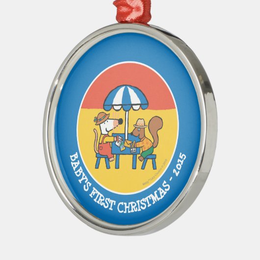 Maisyは青い傘の下で郵便はがきを書きます メタルオーナメント (左)