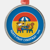 Maisyは青い傘の下で郵便はがきを書きます メタルオーナメント (正面)