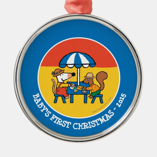 Maisyは青い傘の下で郵便はがきを書きます メタルオーナメント (正面)