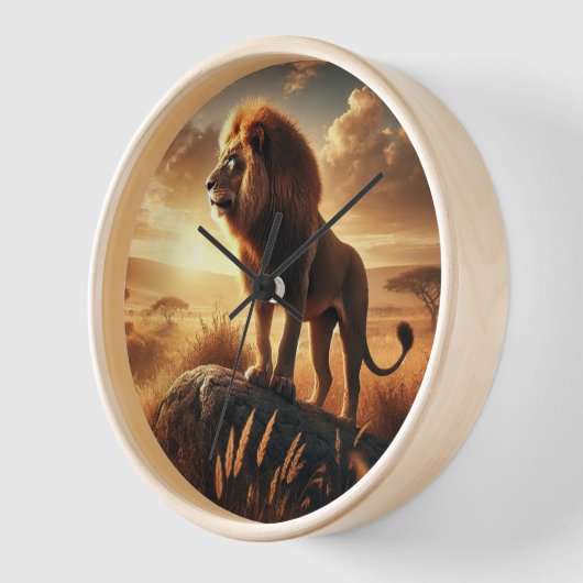 majestätischer Löwe steht stolz auf einem Felsen 壁時計 (傾斜)