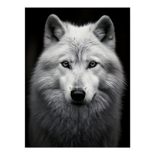 Majestic Arctic Wolf Portrait in High Contrast Bla ポスター (正面)