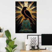 Majestic Art Deco Falcon Silhouette Gold & Teal ポスター (ホームオフィス)