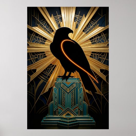 Majestic Art Deco Falcon Silhouette Gold & Teal ポスター (正面)