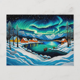 Majestic Aurora Borealis Over Winter Fjord シーズンポストカード