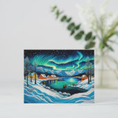 Majestic Aurora Borealis Over Winter Fjord シーズンポストカード (スタンド正面)