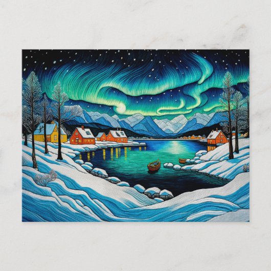 Majestic Aurora Borealis Over Winter Fjord シーズンポストカード (正面)