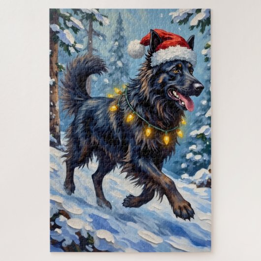 Majestic Belgian Shepherd Snow Forest Christmas ジグソーパズル (縦)