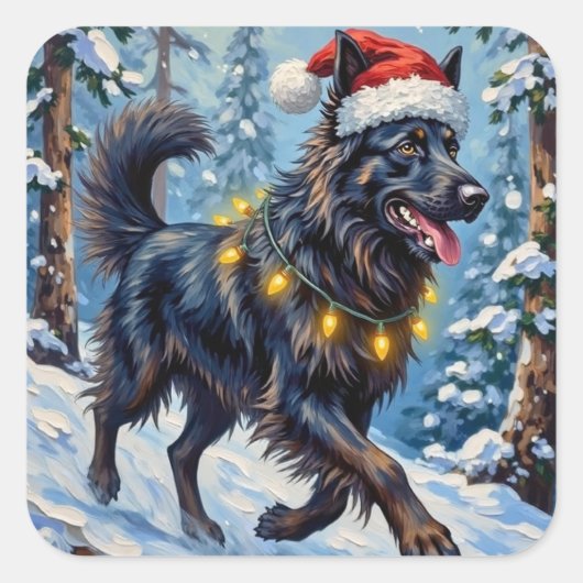 Majestic Belgian Shepherd Snow Forest Christmas スクエアシール (正面)