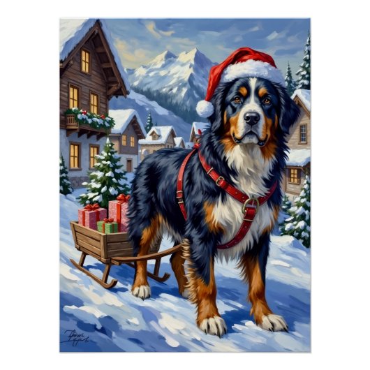 Majestic Bernese Mountain Dog Alpine Christmas ポスター (正面)