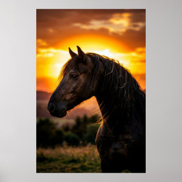 Majestic Black Horse Sunset Poster | Elegant Weste ポスター