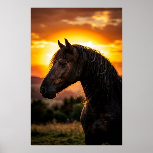 Majestic Black Horse Sunset Poster | Elegant Weste ポスター (正面)