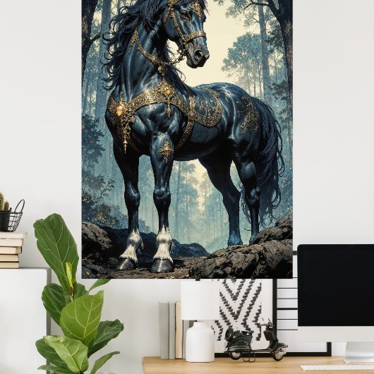 Majestic Black Stallion Forest Wall Art ポスター (ホームオフィス)