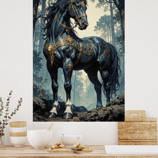 Majestic Black Stallion Forest Wall Art ポスター (キッチン)