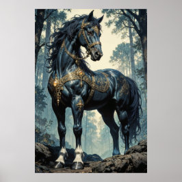 Majestic Black Stallion Forest Wall Art ポスター
