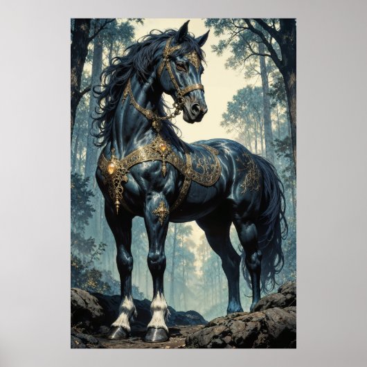 Majestic Black Stallion Forest Wall Art ポスター (正面)