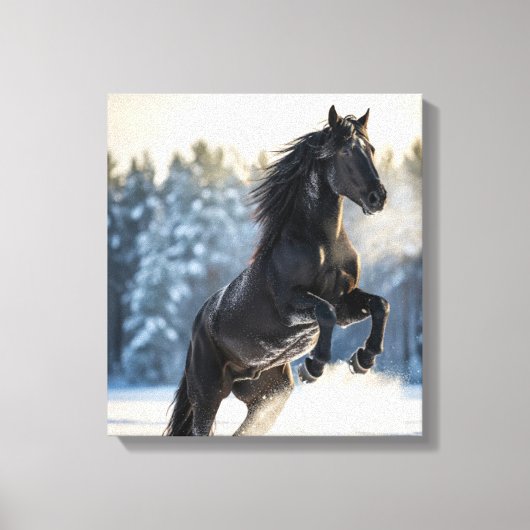 Majestic Black Stallion in Winter Snow  キャンバスプリント (正面)