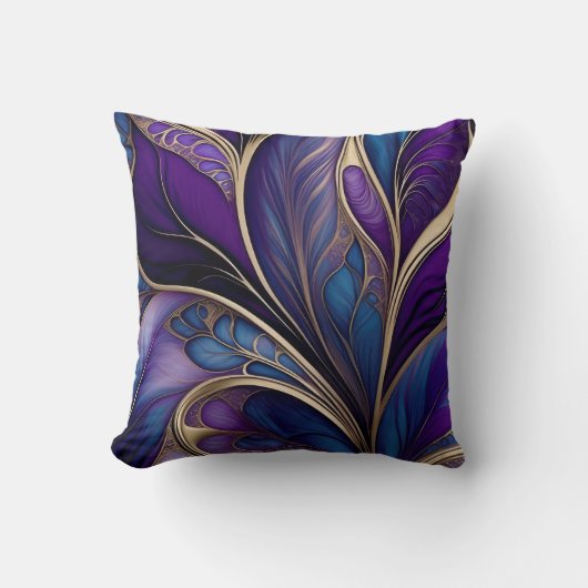 Majestic Bloom - Deep Purple and Blue Abstract Art クッション (正面)