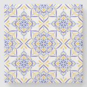 Majestic Bloom  Elegant Blue and Gold Floral Mosai ストーンコースター (正面)