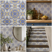 Majestic Bloom Elegant Blue and Gold Floral Mosai タイル