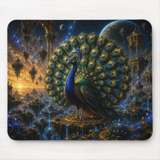 Majestic Blue & Gold Celestial Peacock Mouse Pad マウスパッド (正面)