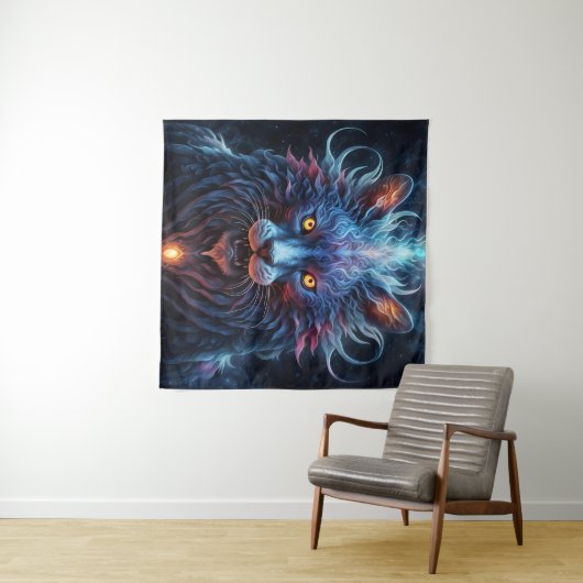 Majestic Blue-Pink Lion Fantasy タペストリー (インサイチュ(横))