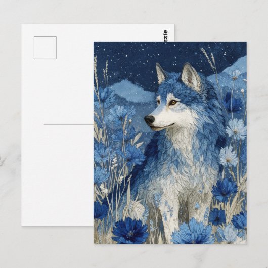 Majestic Blue Wolf in Starry Blossom Garden ポストカード (正面/裏面)