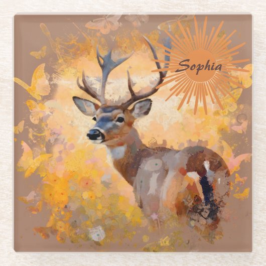 Majestic Deer in a Field of Wildflowers ガラスコースター (正面)