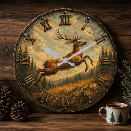 Majestic Deer Rustic Wildlife Jumping Buck Hunting ラージ壁時計