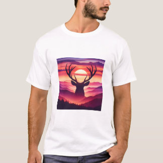 Majestic Deer Silhouette Sunset Mountain Landscape Tシャツ