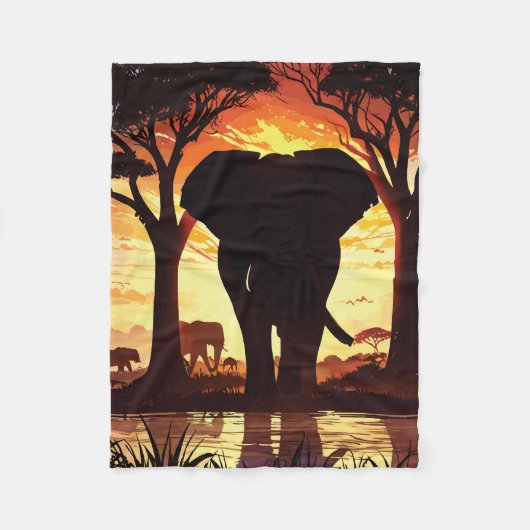 Majestic Elephant at Sunset in the African Savanna フリースブランケット (正面)