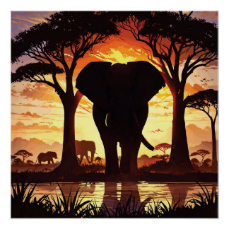 Majestic Elephant at Sunset in the African Savanna ポスター